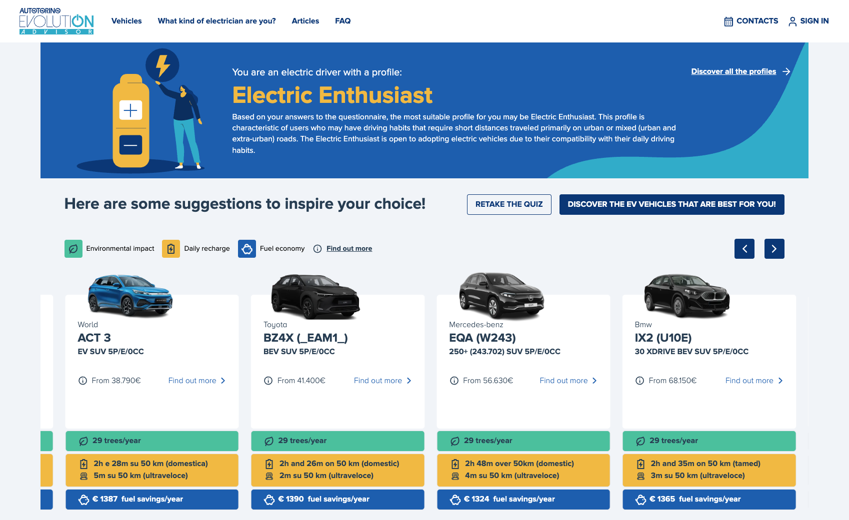 Autotorino Evolution Advisor — personalised savings results