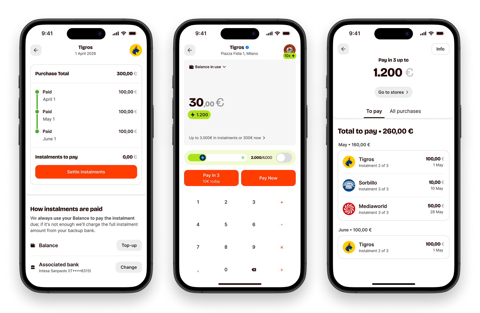 Pay in 3 — three key screens
