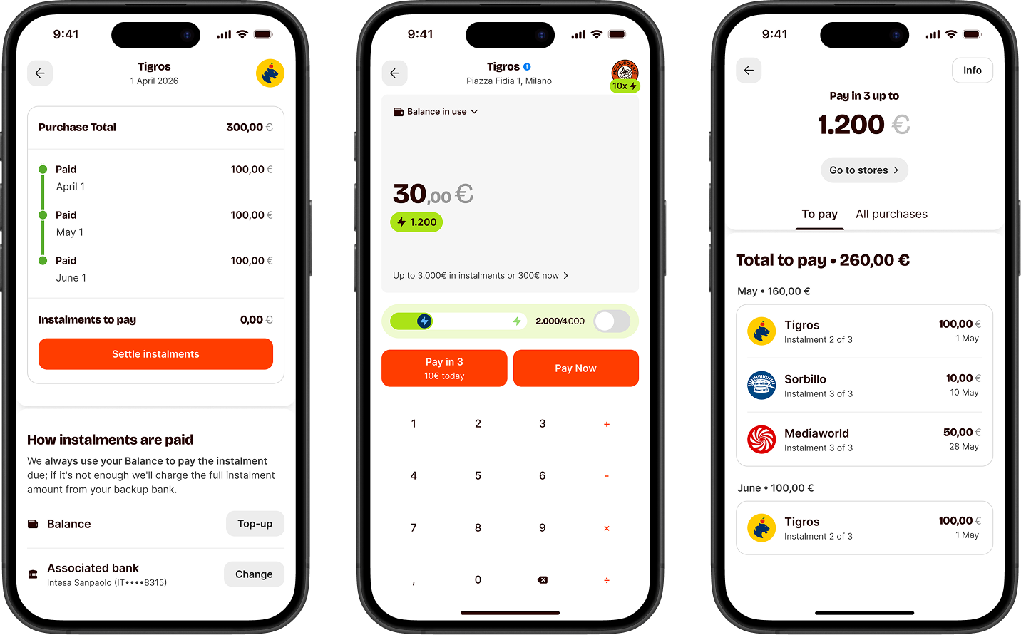 Pay in instalments — transaction detail, payment screen, and upcoming instalments overview