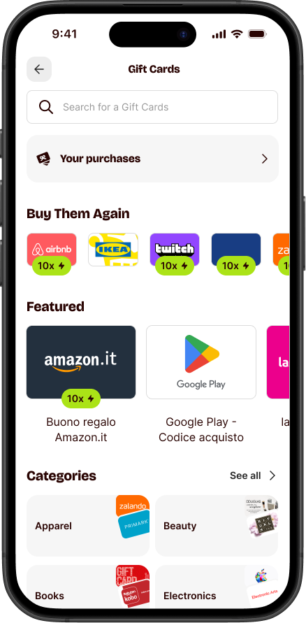 Gift Card homepage redesign — category navigation and featured cards