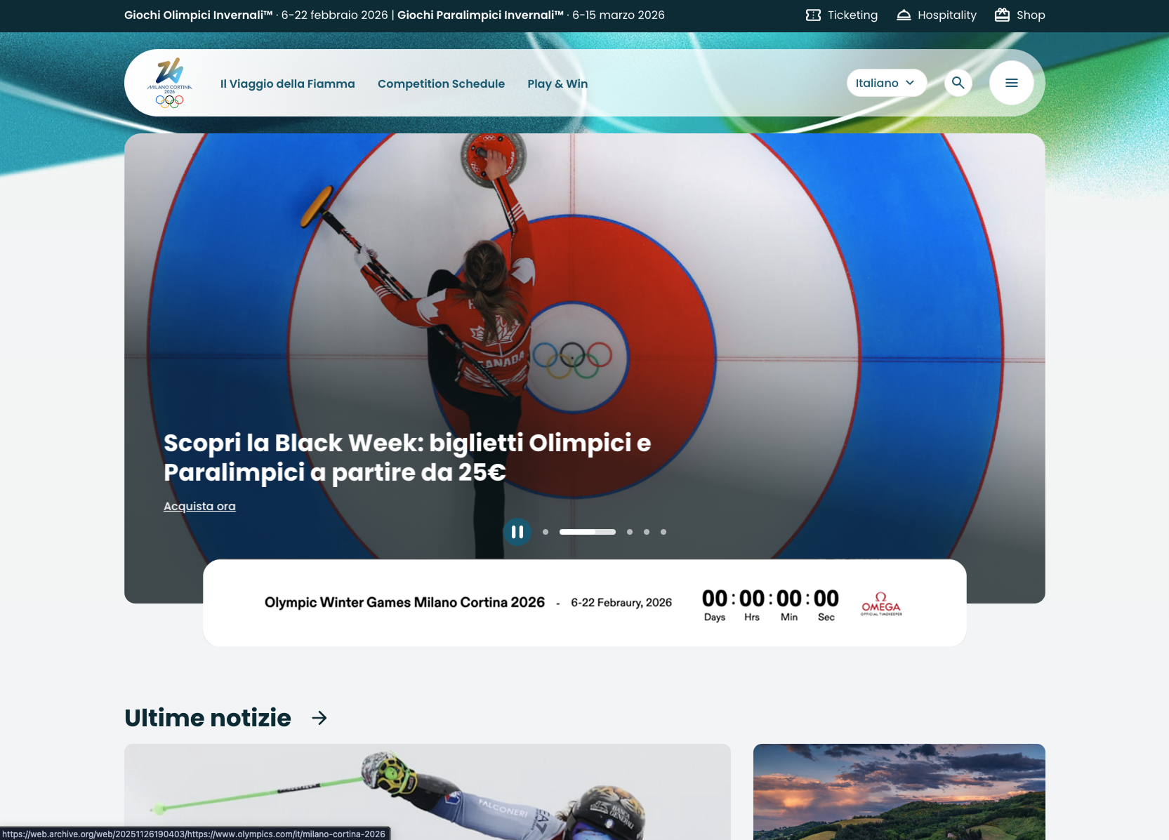 Milano Cortina 2026 official website — homepage on desktop