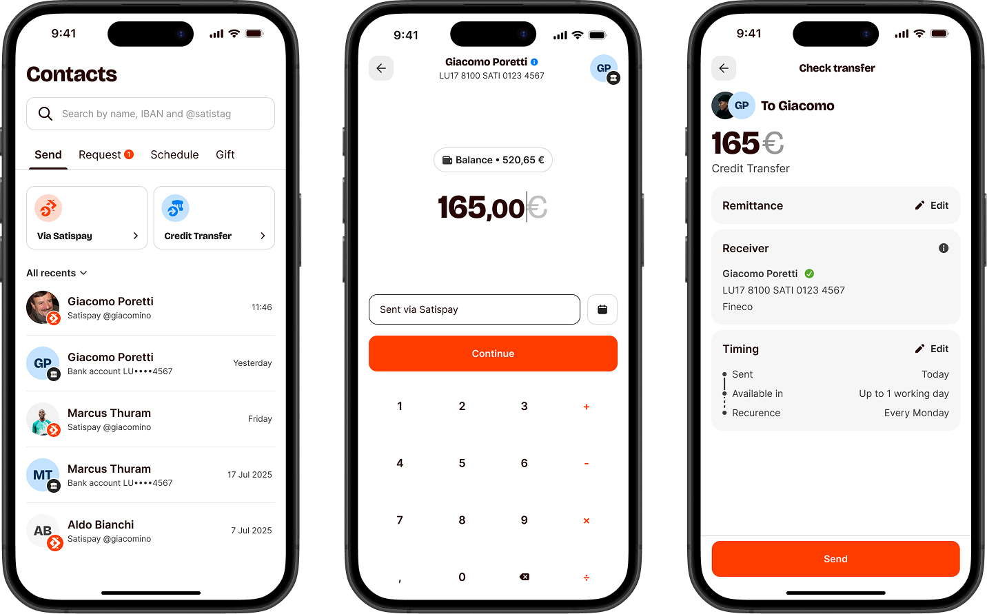 Satispay contacts redesign — unified hub with SEPA Credit Transfers