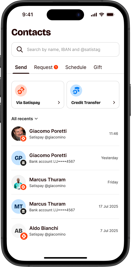 Contacts redesign — unified hub with Satispay and IBAN contacts
