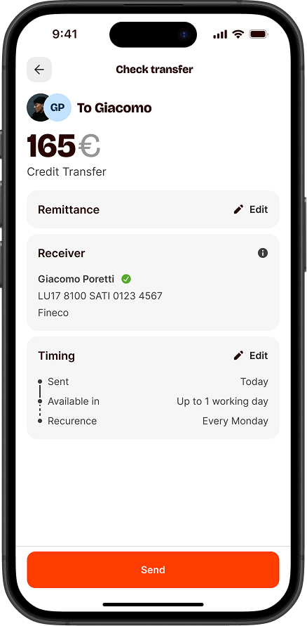 SEPA Credit Transfer flow — recipient selection and amount entry